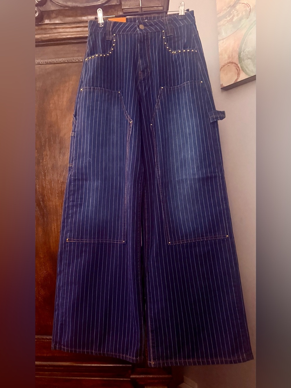 American Bazi - Baddie Navy Pinstripe Wide Leg Jeans with Stud Accents